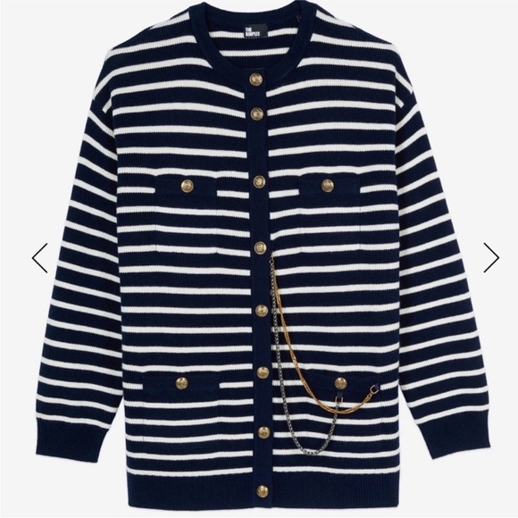 NWT The Kooples Striped Wool Cardigan Size 2 M Navy Cream Chain Oversized - Picture 4 of 14